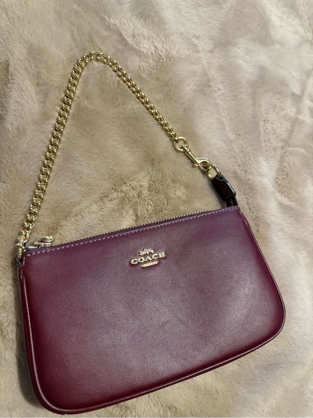 COACH Burgundy Leather Wristlet with Gold Chain Strap